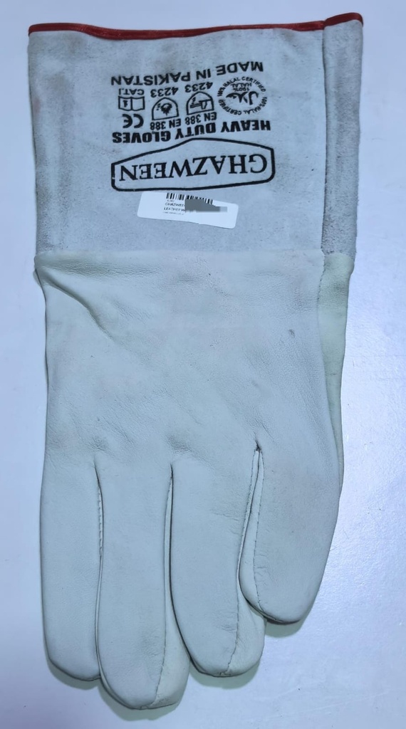  GHAZWEEN HAND GLOVES LEATHER WHITE H/DUTY 14" -PAKISTAN 