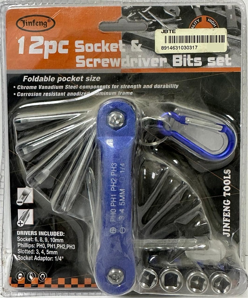  JINFENG 12PCS ALEN KEY SOCKET & SCREWDRIVER BIT SET -NA3031 