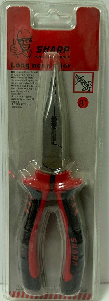  SHARP LONG NOSE PLIER 8" - RED & BLACK HANDLE 