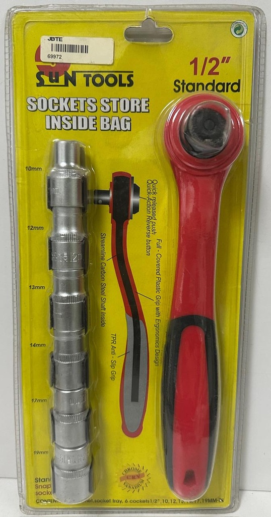  SUN TOOLS SOCKETS CHROME WITH RACHET HANDLE 1/2" (10MM-19MM) 