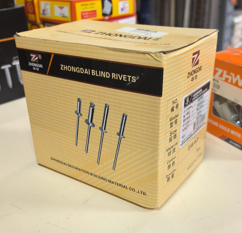  ZHONGDAI BLIND RIVET 4X25MM SILVER (500PCS) 