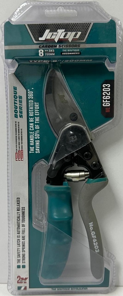 JCTOP GARDEN SCISSORS 360' ROTATED FIBER GRIP 8"/200MM -CHINA/GF6203