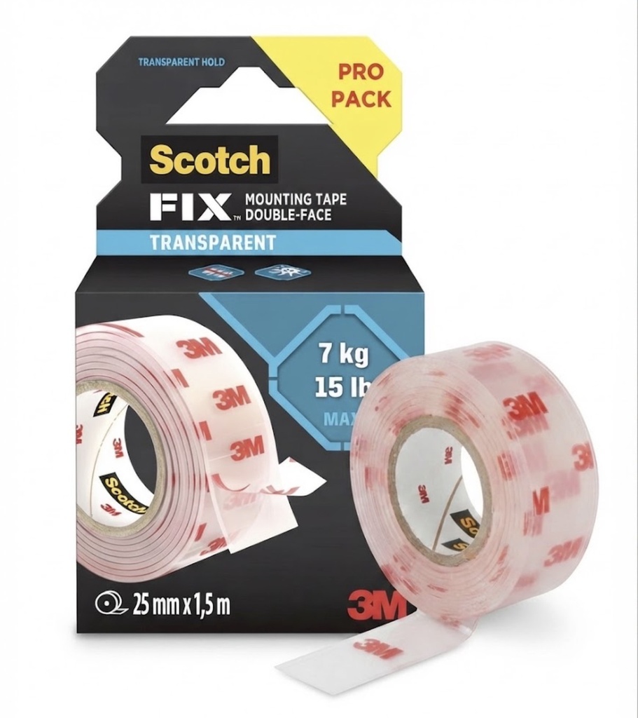 3M SCOTCH FIX DOUBLE-SIDED TAPE CLEAR 25MMX1.5M 7KG- USA
