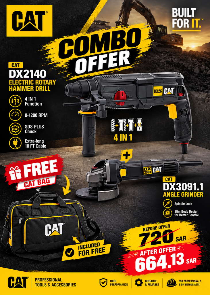 COMBO OFFER: CAT DX2140 ELECTRIC ROTARY HAMMER DRILL WITH CAT DX3091.1 ANGLE GRINDER+DA42001 CAT BAG